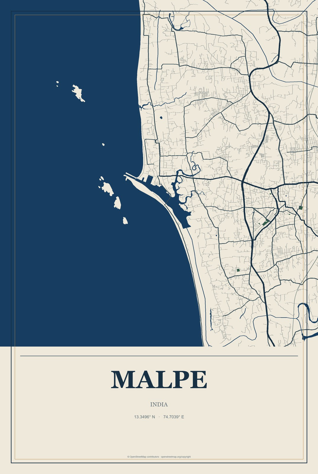Malpe, India City Map Aluminum Sign in Coastal Cutout style