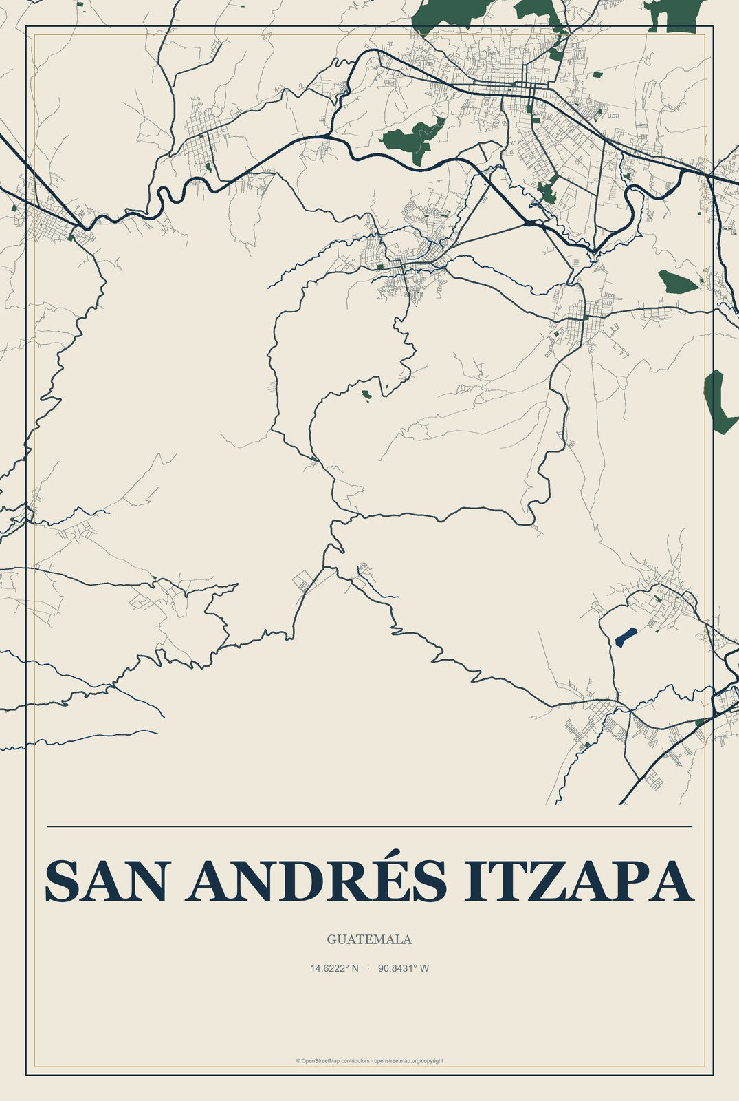 San Andrés Itzapa, Guatemala City Map Aluminum Sign in Coastal Cutout style