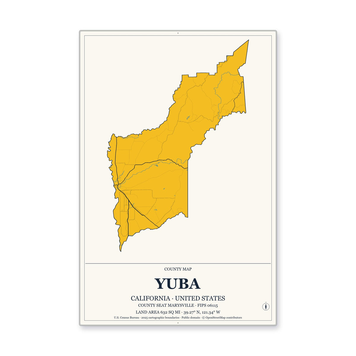 Yuba County, California Map Aluminum Sign in Citrine Modern style