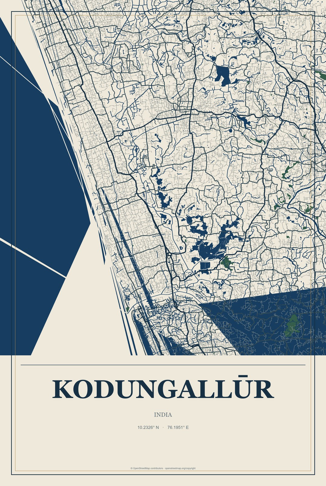 Kodungallūr, India City Map Aluminum Sign in Coastal Cutout style