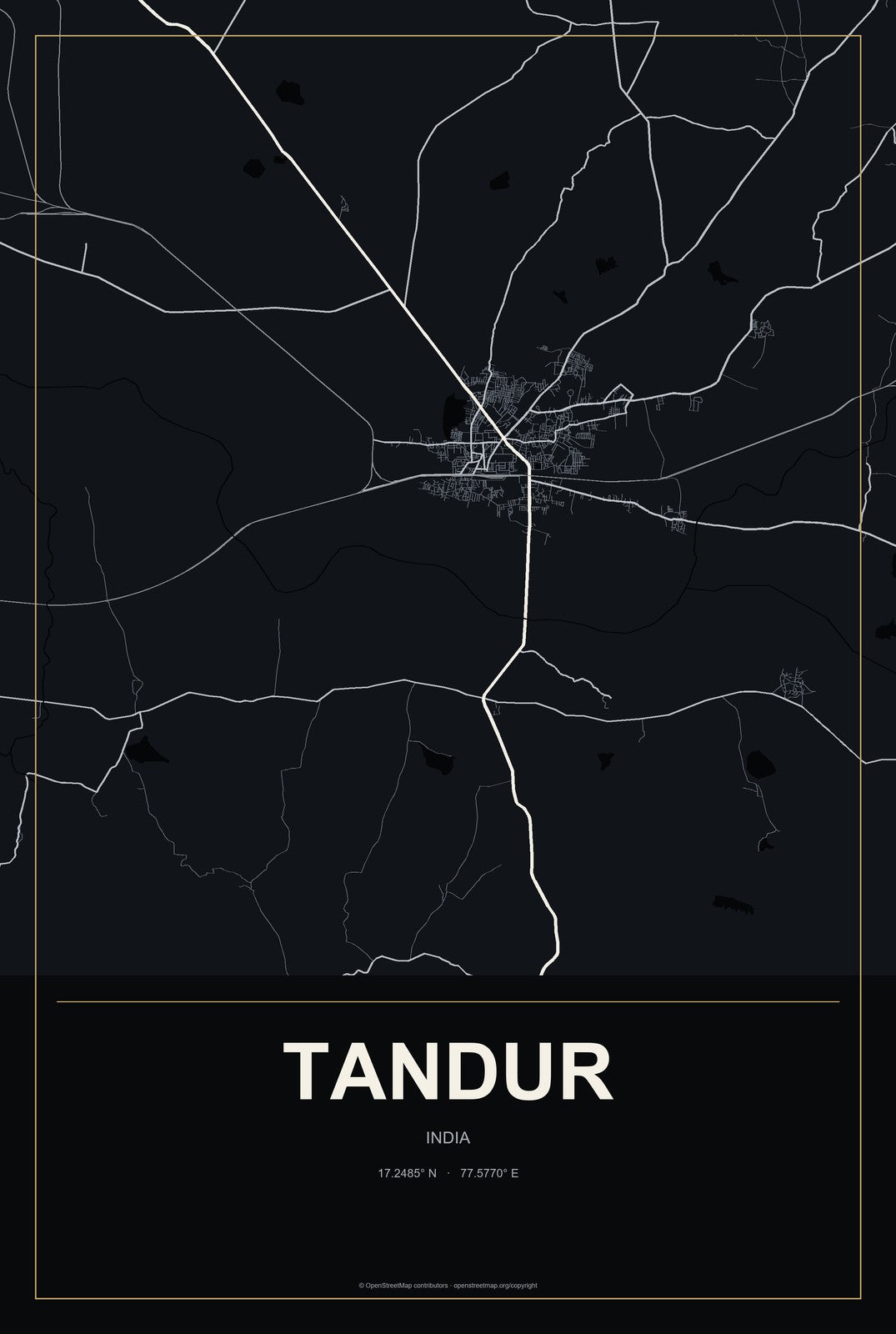Tandur, India City Map Aluminum Sign in Metropolitan Noir style