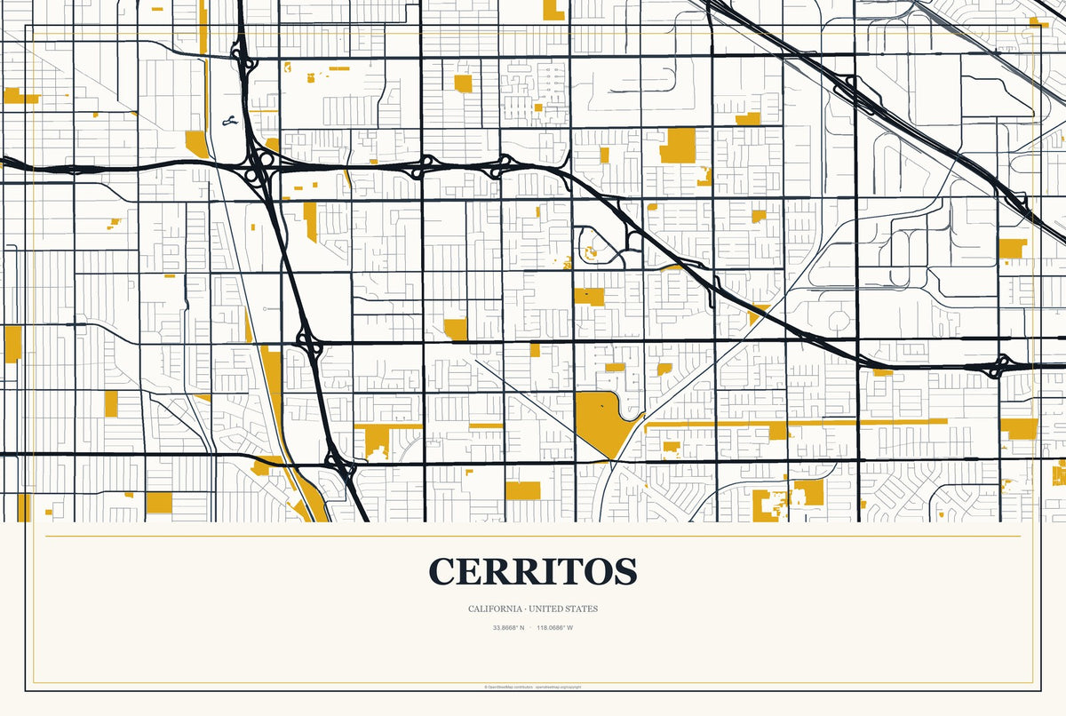 Cerritos, California City Map Aluminum Sign in Citrine Modern style