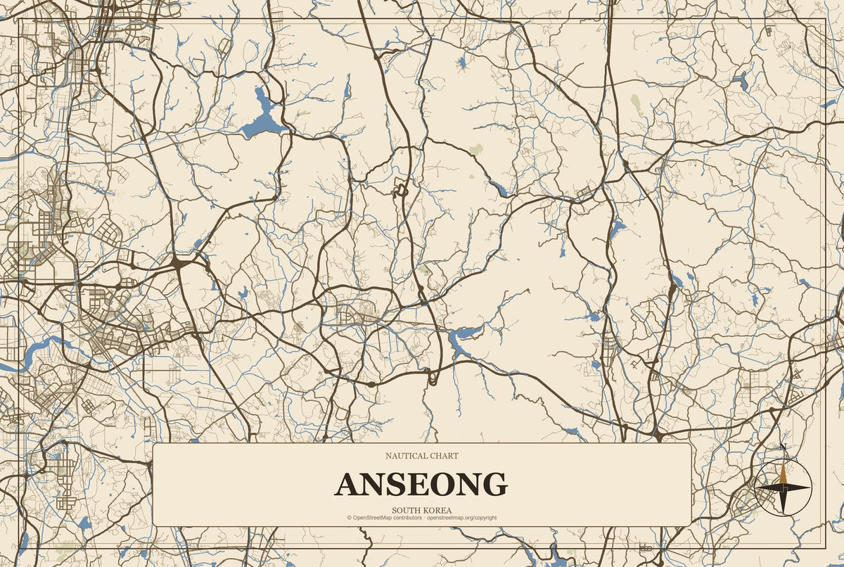Anseong, South Korea City Map Aluminum Sign in Heritage Nautical style