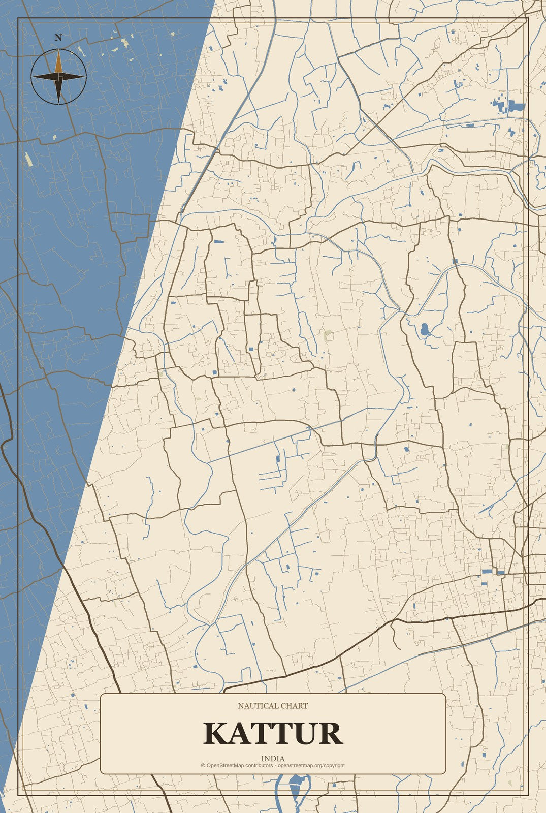 Kattur, India City Map Aluminum Sign in Heritage Nautical style