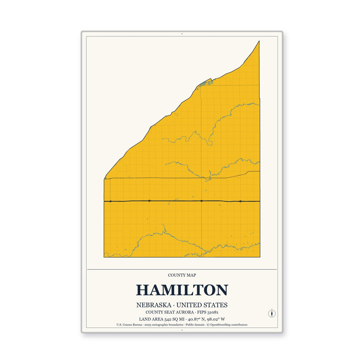 Hamilton County, Nebraska Map Aluminum Sign in Citrine Modern style