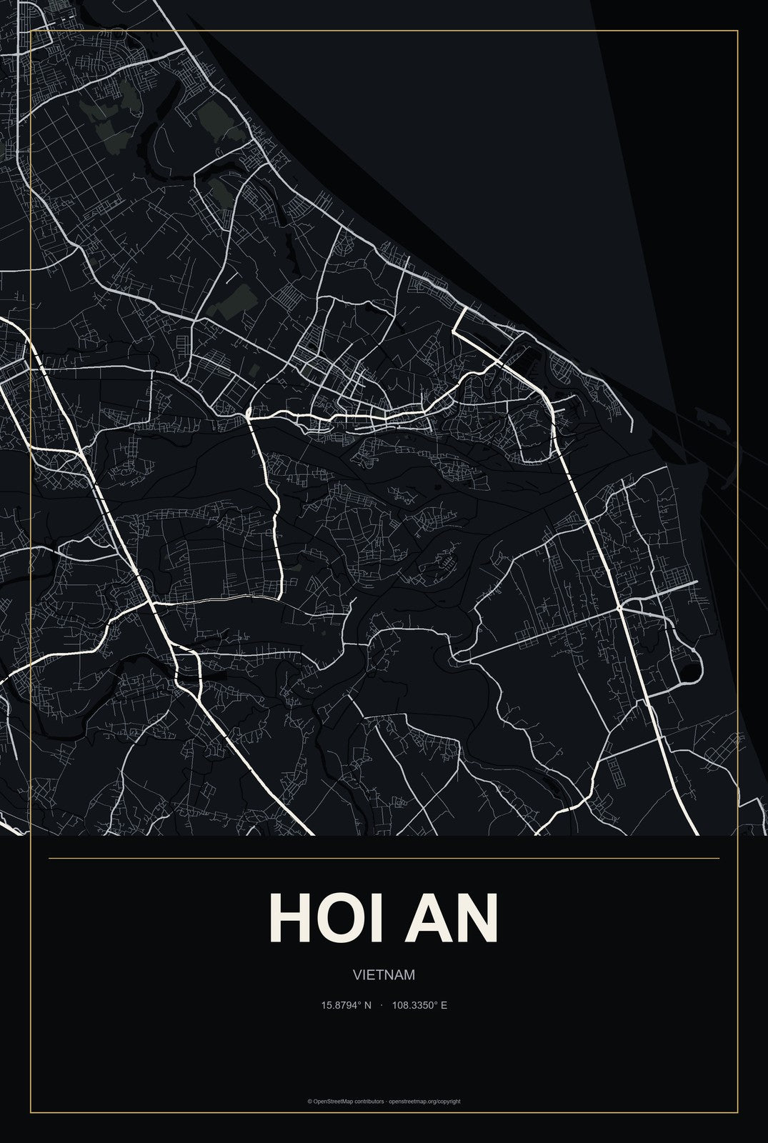 Hoi An, Vietnam City Map Aluminum Sign in Metropolitan Noir style