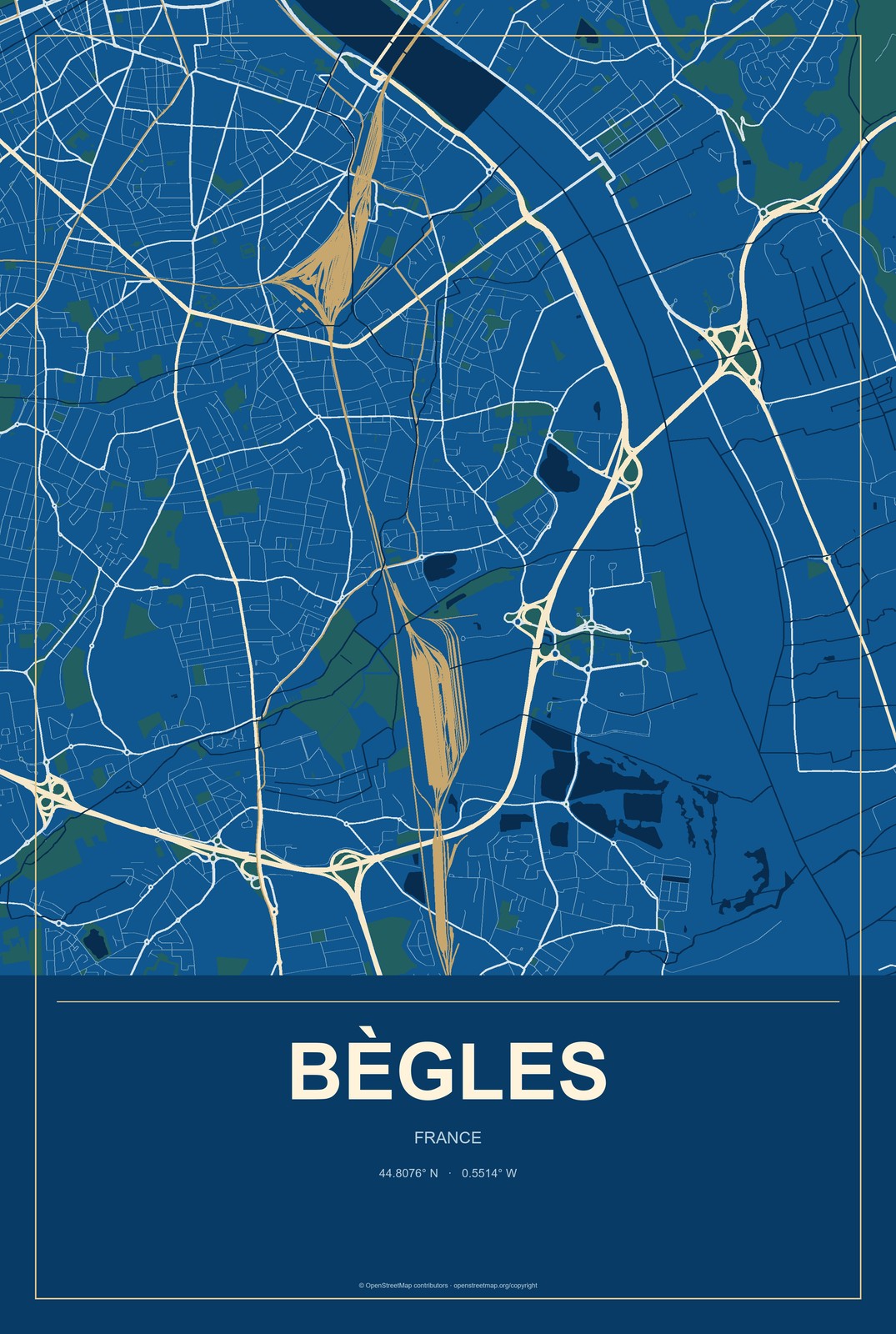 Bègles, France City Map Aluminum Sign in Harbor Cobalt style