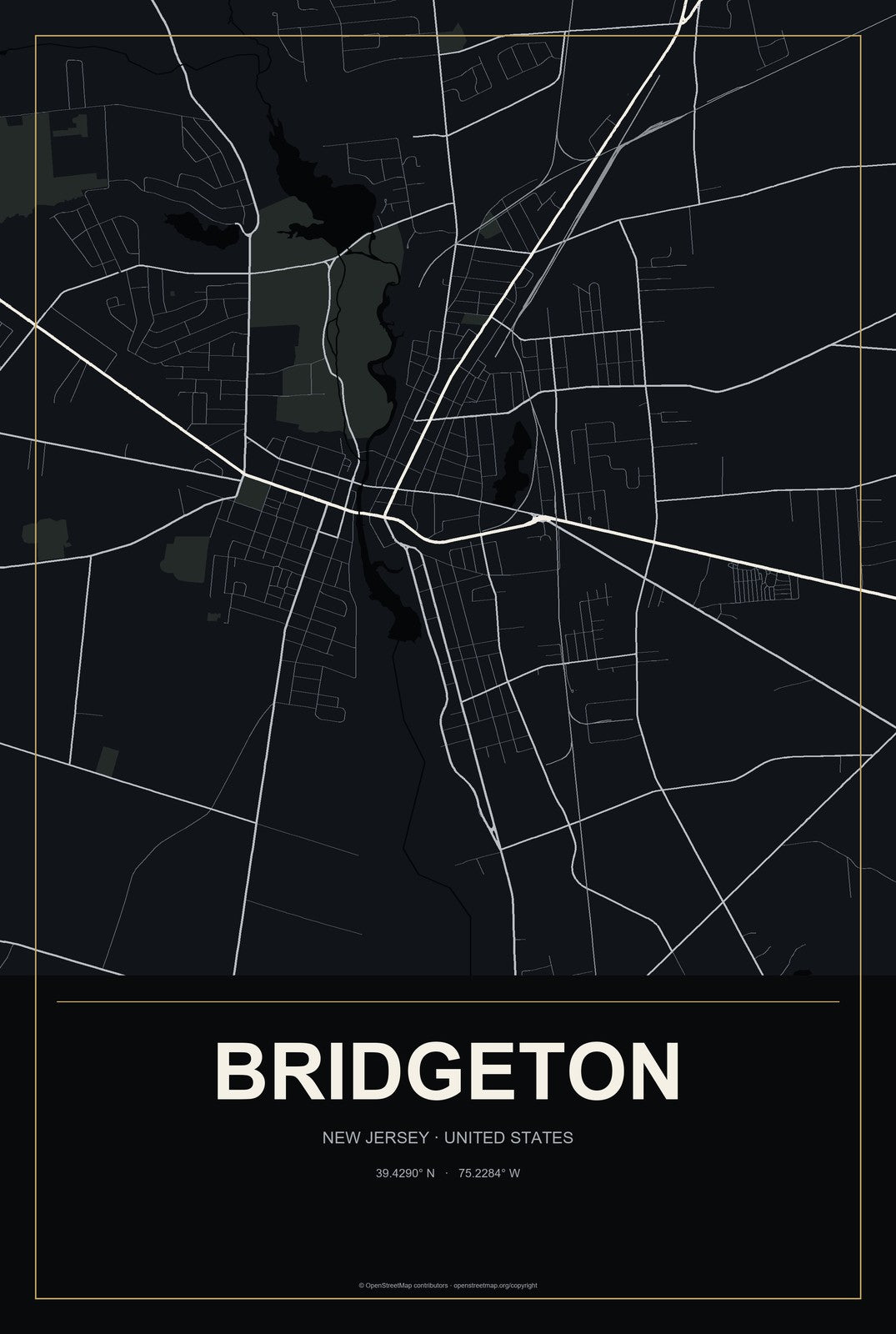 Bridgeton, New Jersey City Map Aluminum Sign in Metropolitan Noir style