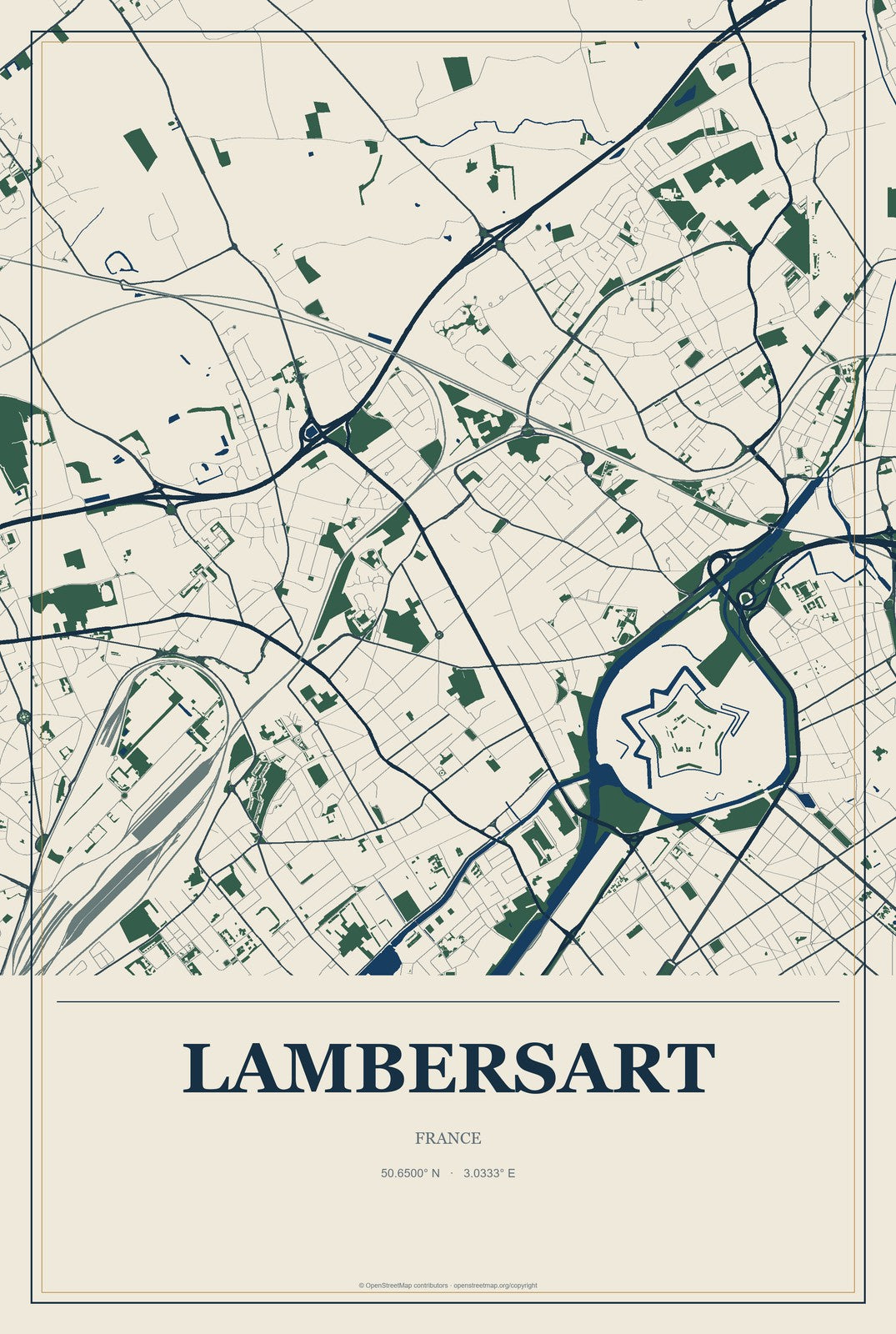 Lambersart, France City Map Aluminum Sign in Coastal Cutout style