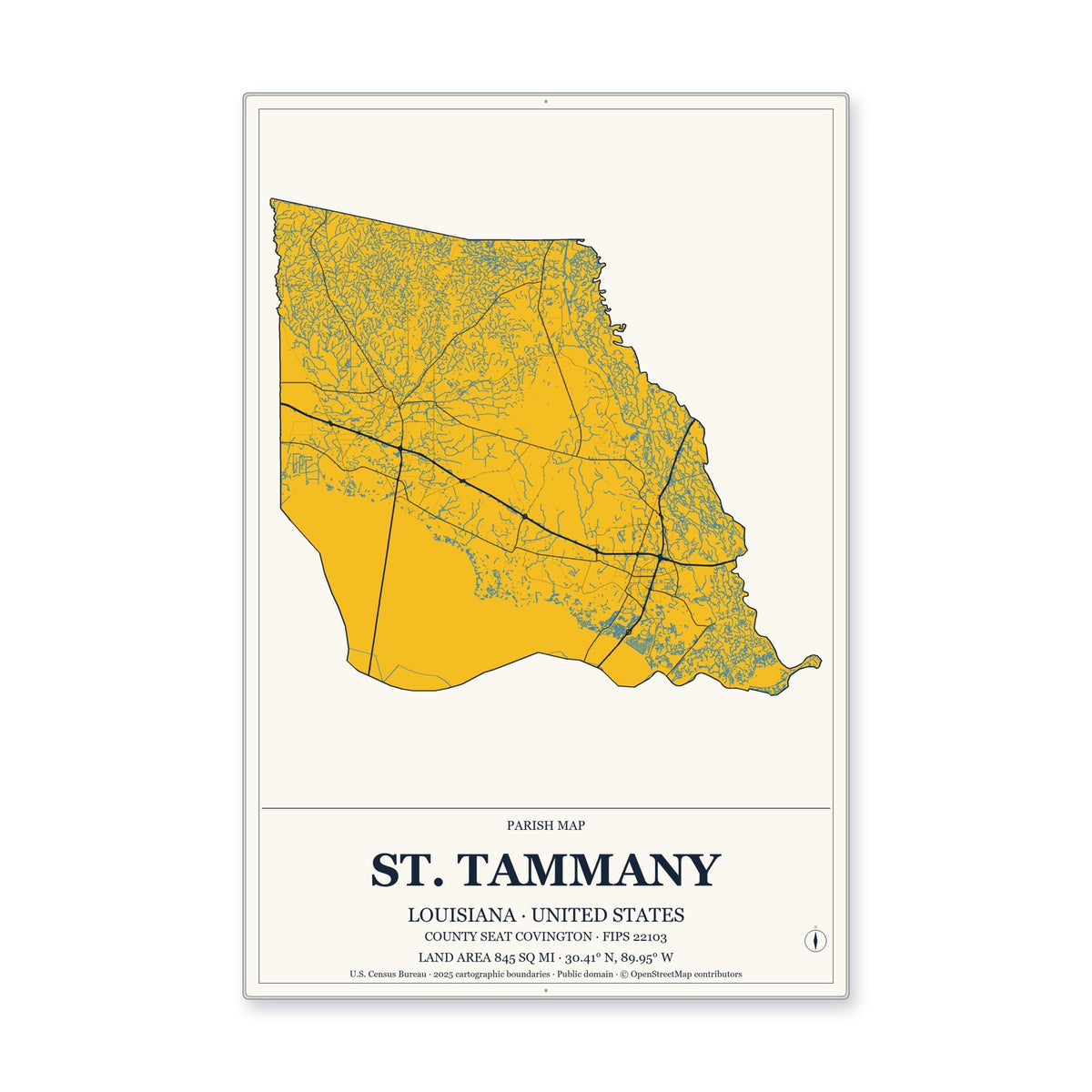 St. Tammany Parish, Louisiana Map Aluminum Sign in Citrine Modern style