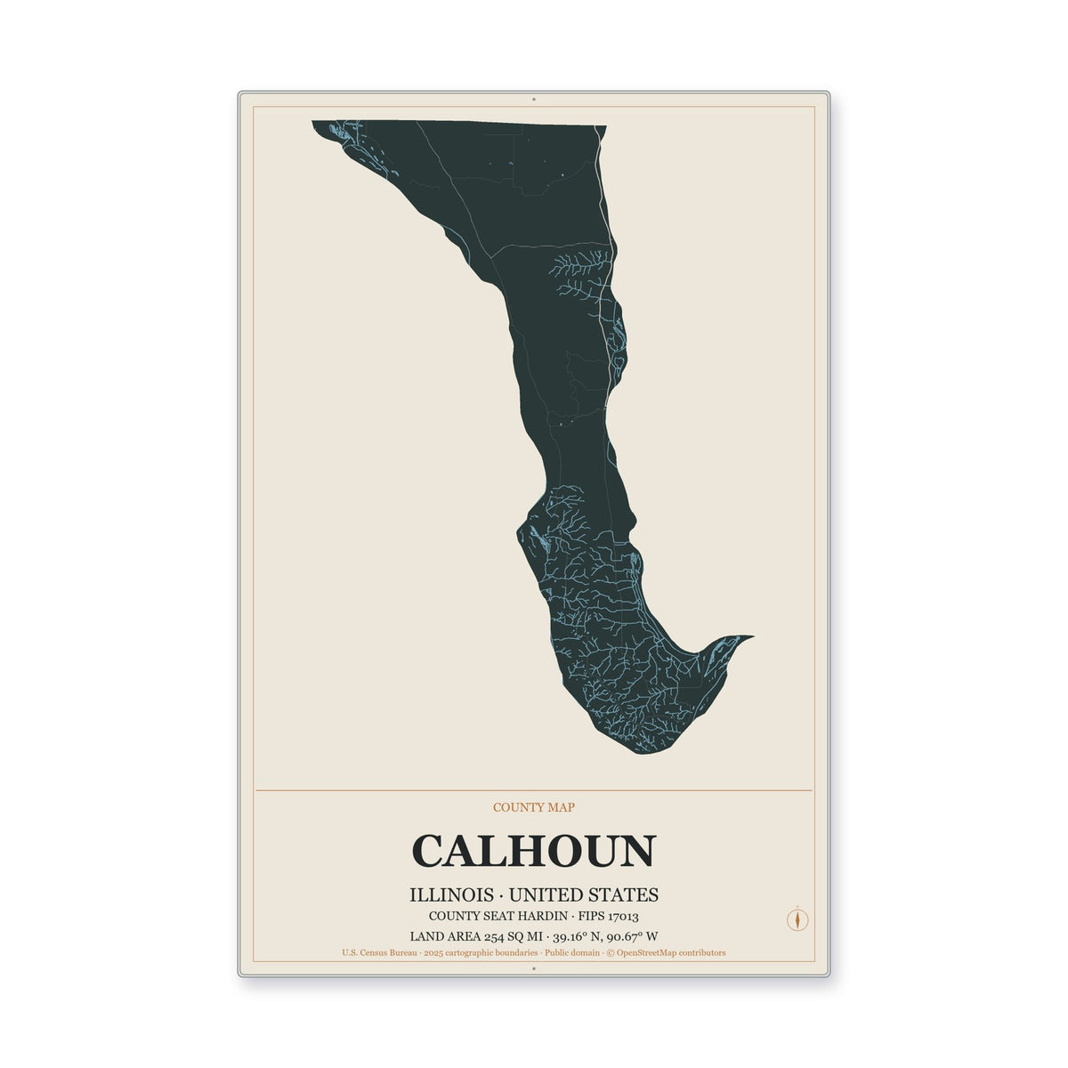 Calhoun County, Illinois Map Aluminum Sign in Headline Atlas style