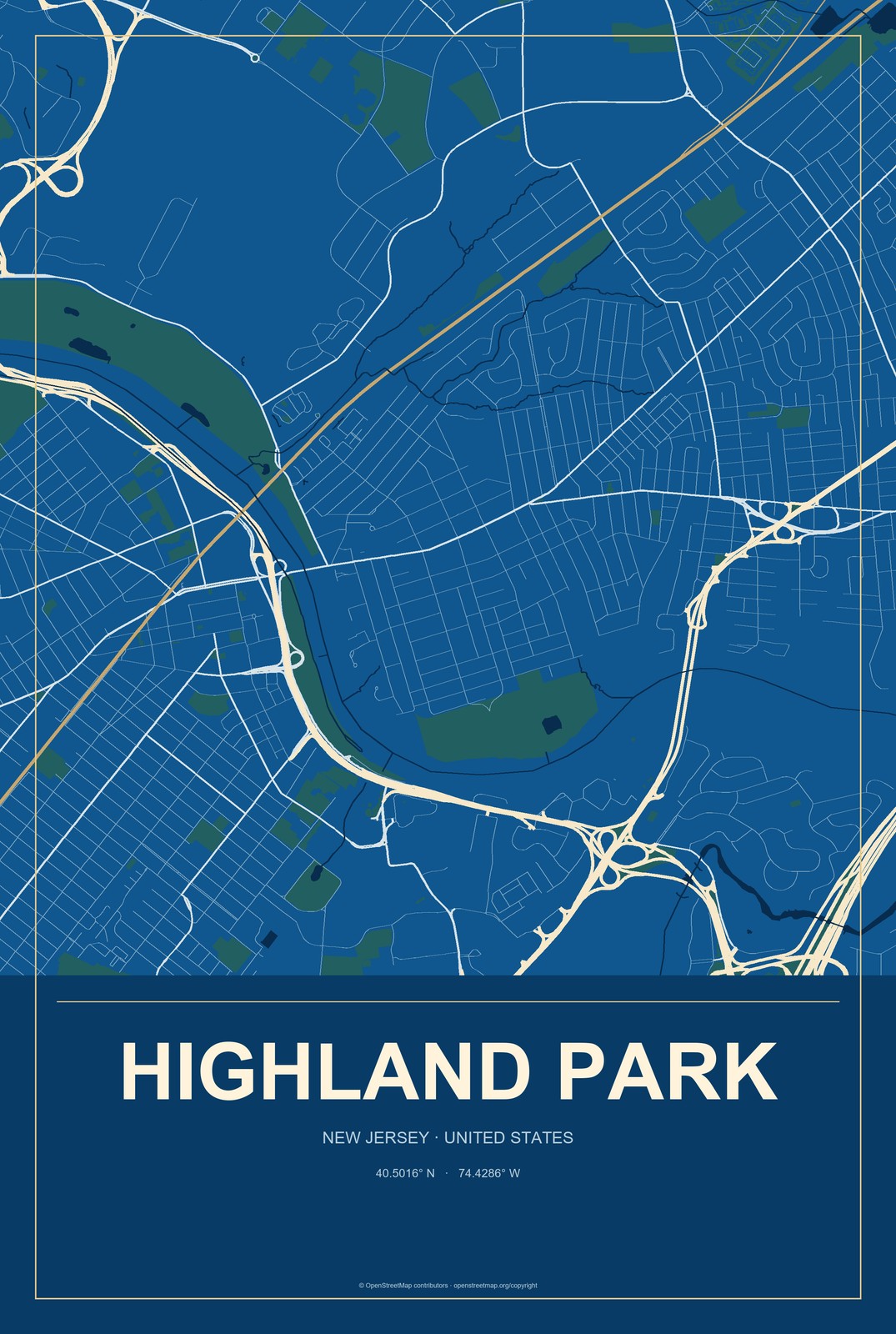 Highland Park, New Jersey City Map Aluminum Sign in Harbor Cobalt style