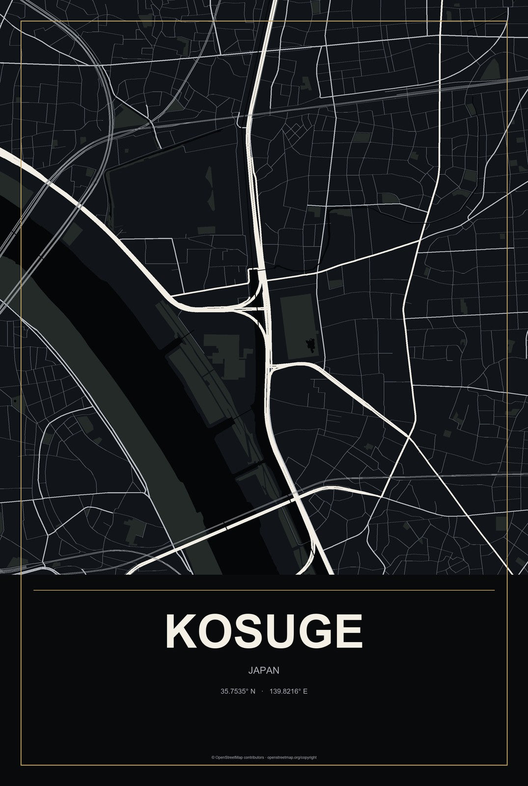 Kosuge, Japan City Map Aluminum Sign in Metropolitan Noir style