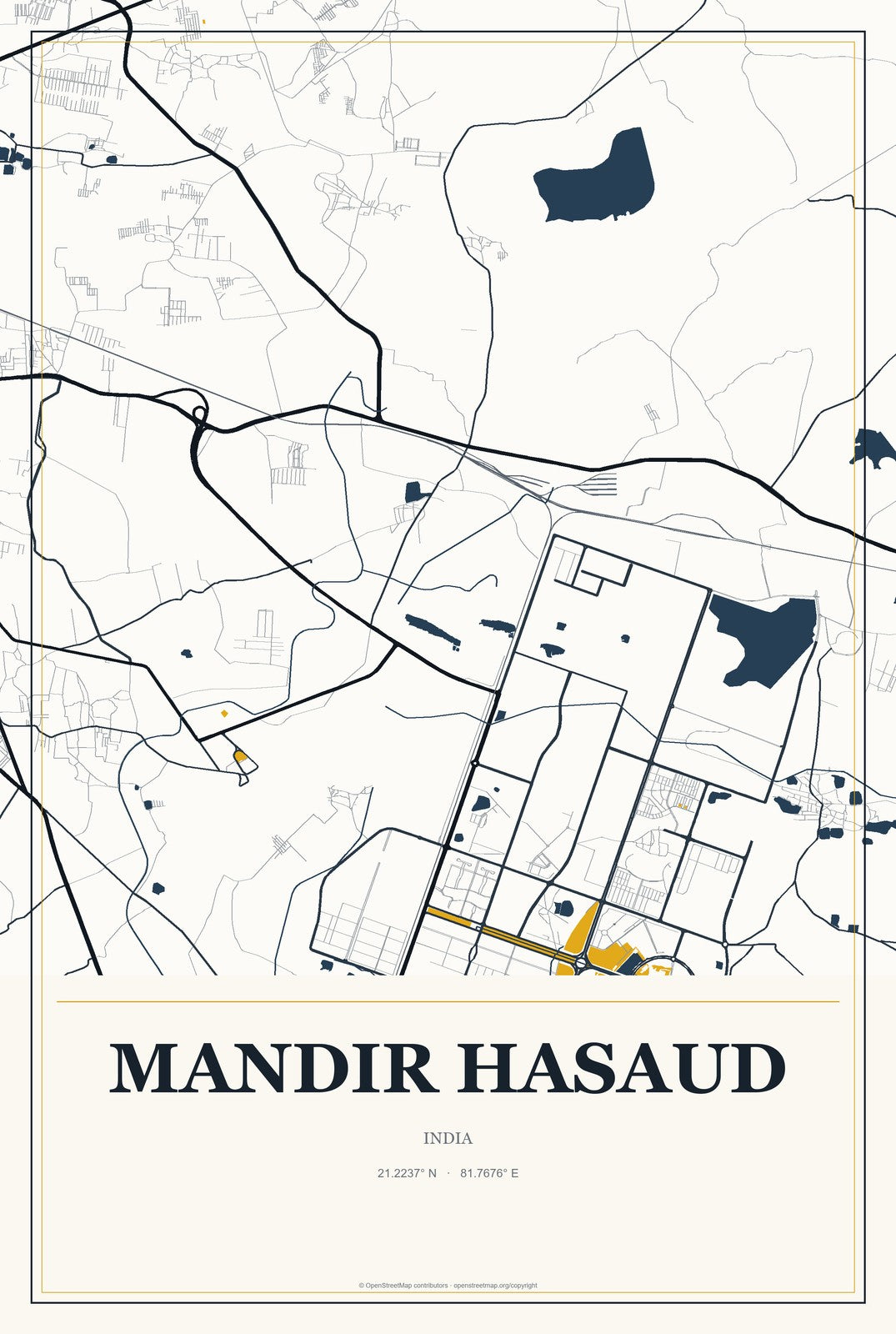 Mandir Hasaud, India City Map Aluminum Sign in Citrine Modern style