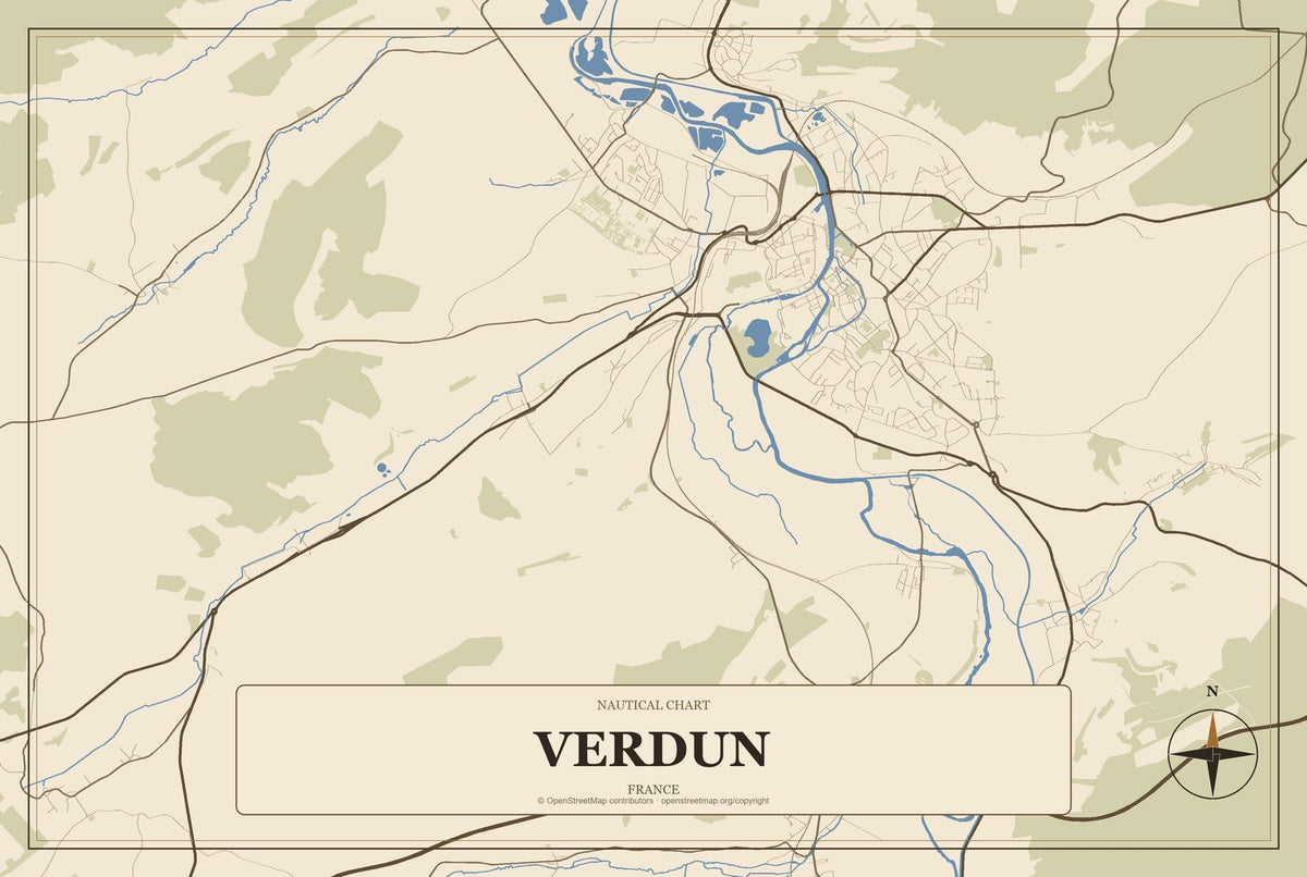 Verdun, France City Map Aluminum Sign in Heritage Nautical style
