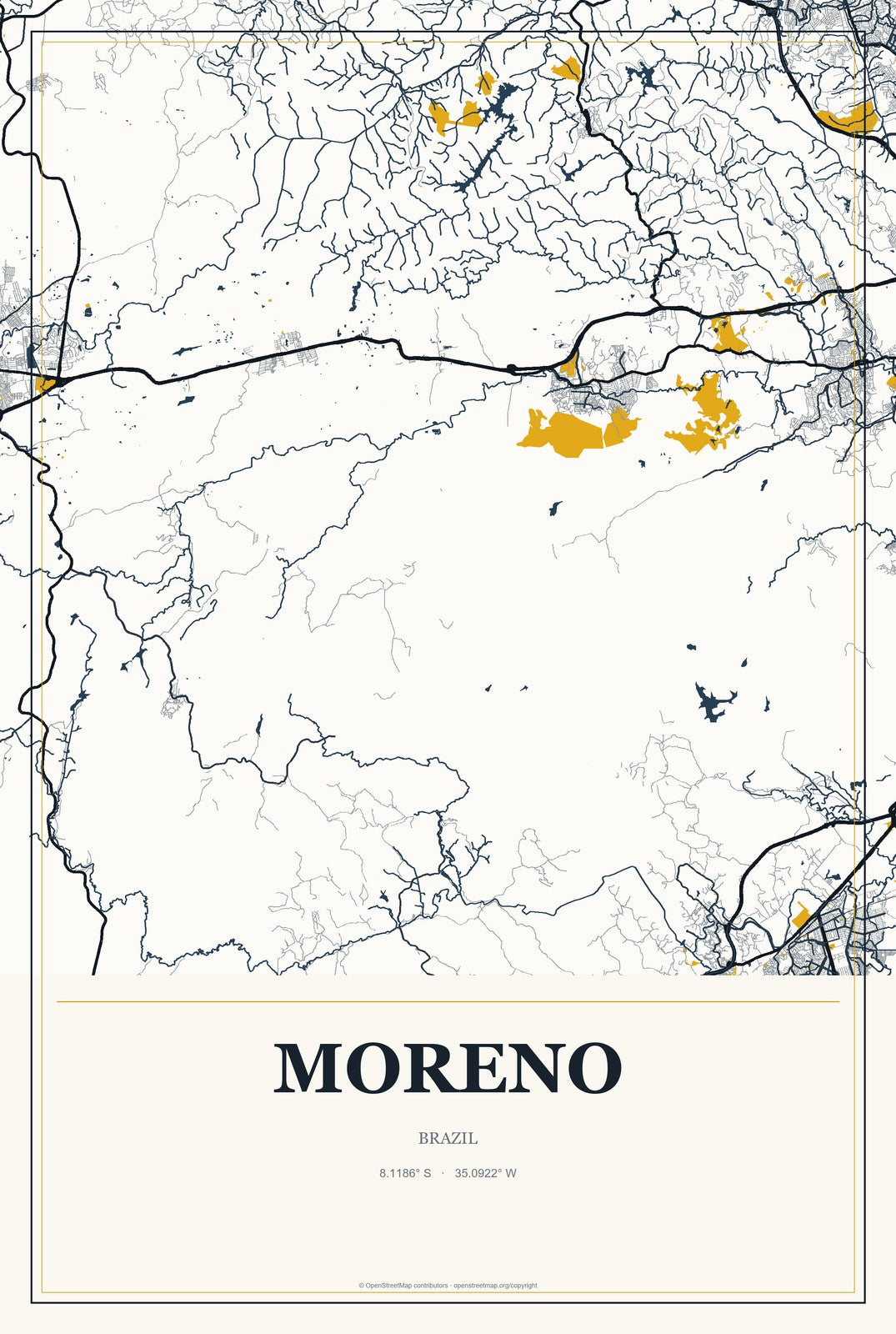 Moreno, Brazil City Map Aluminum Sign in Citrine Modern style