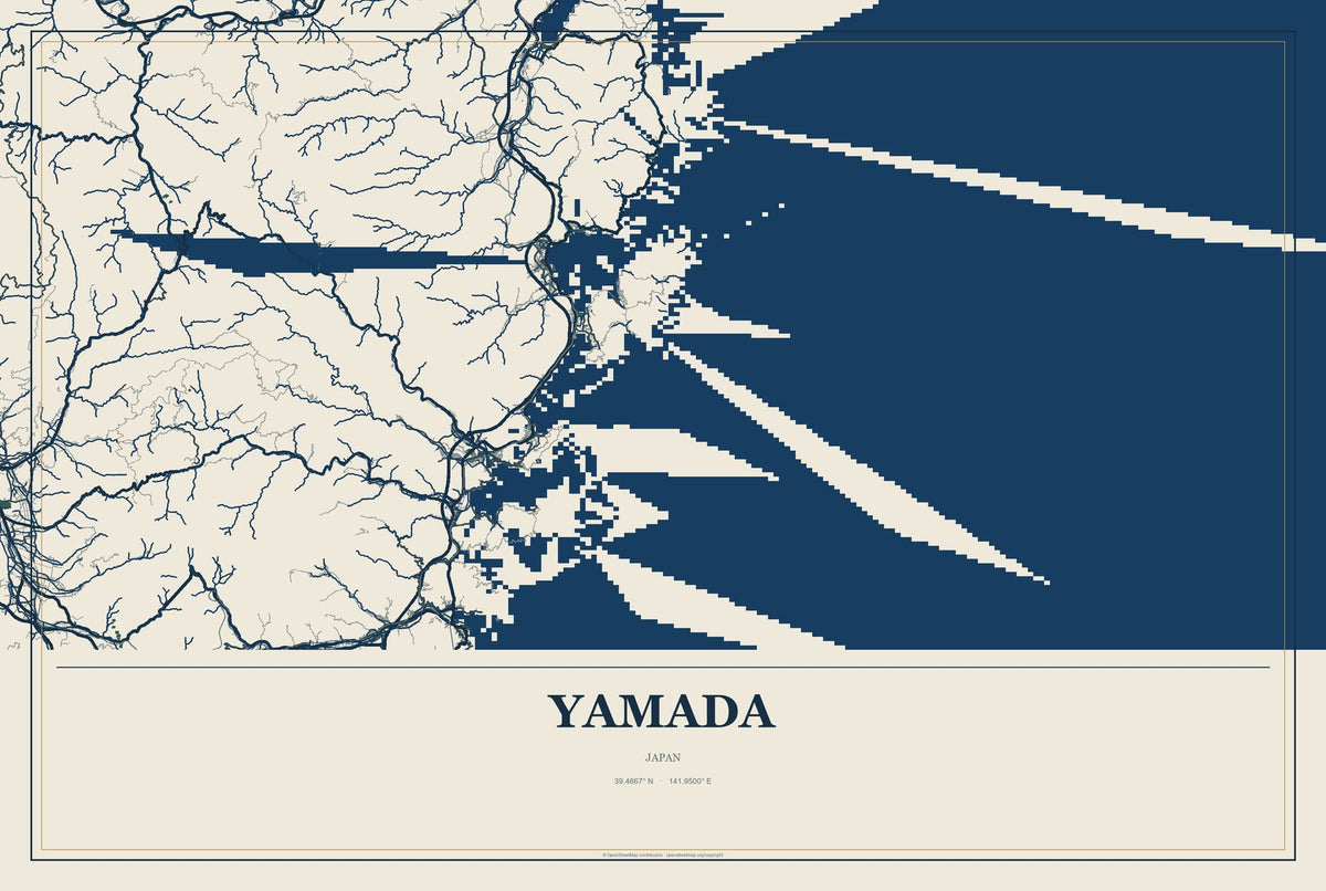 Yamada, Kumamoto, Japan City Map Aluminum Sign in Coastal Cutout style