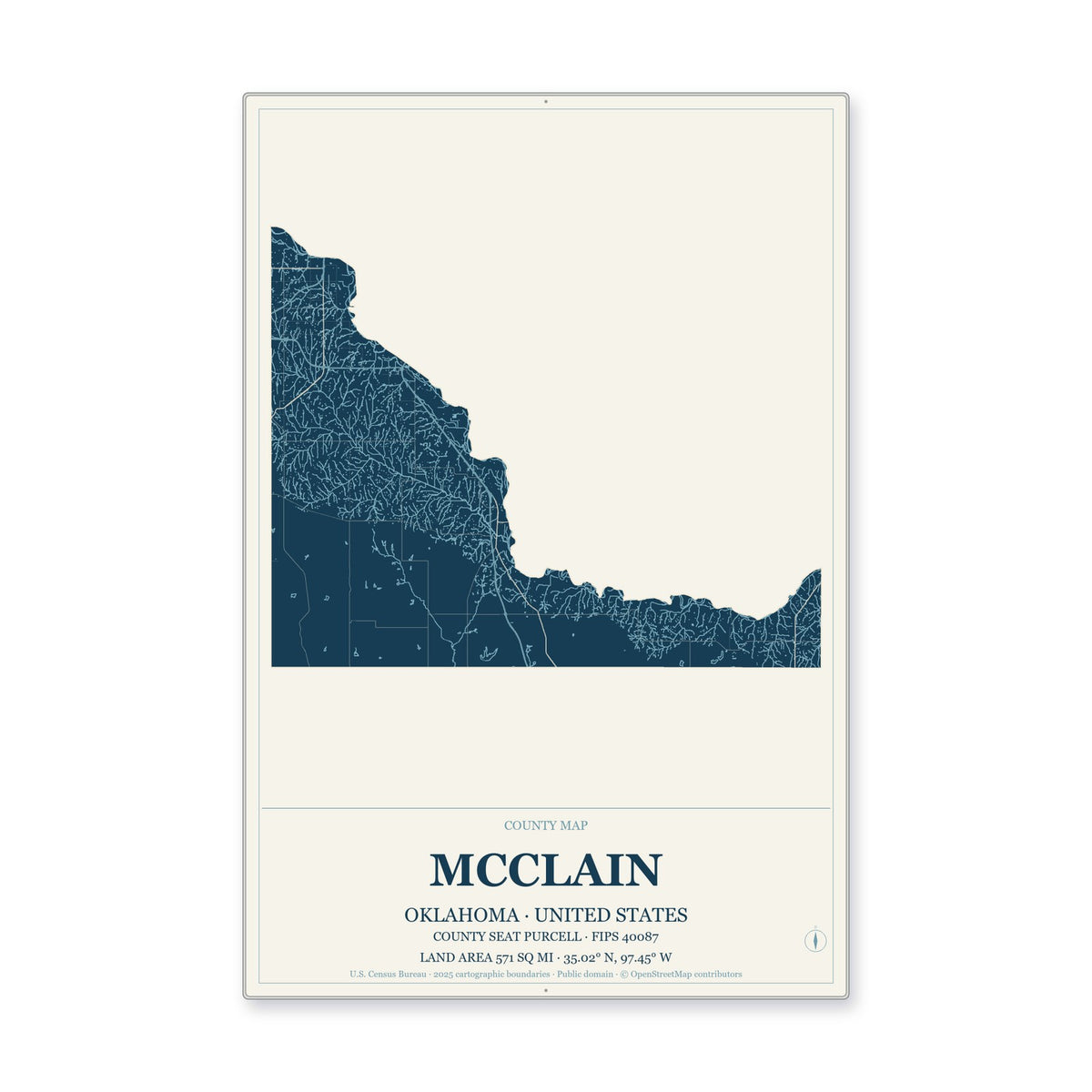 McClain County, Oklahoma Map Aluminum Sign in Coastal Cutout style