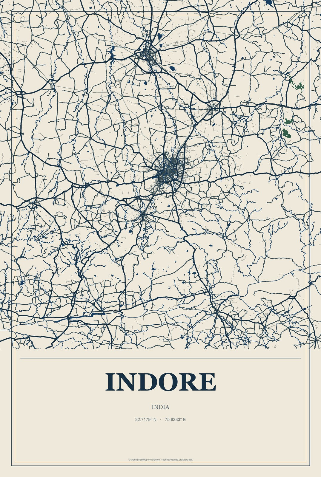 Indore, India City Map Aluminum Sign in Coastal Cutout style