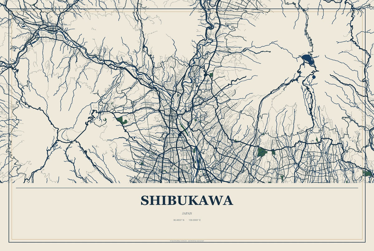 Shibukawa, Japan City Map Aluminum Sign in Coastal Cutout style