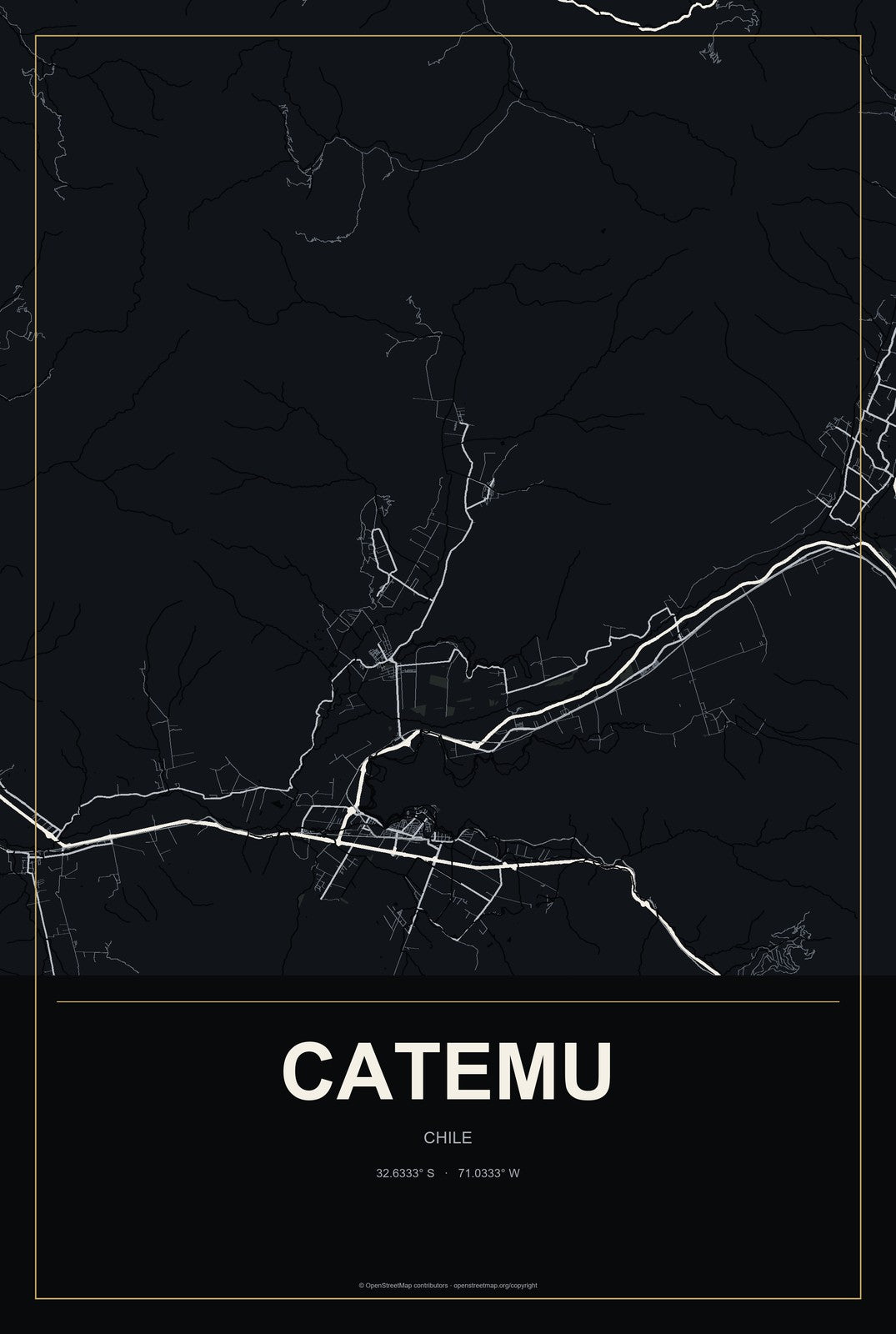 Catemu, Chile City Map Aluminum Sign in Metropolitan Noir style