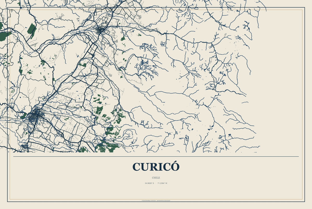 Curicó, Chile City Map Aluminum Sign in Coastal Cutout style