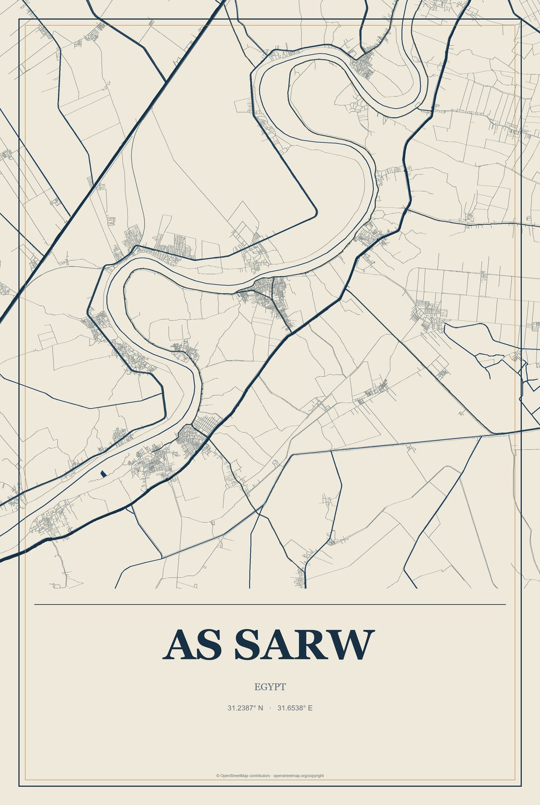 As Sarw, Egypt City Map Aluminum Sign in Coastal Cutout style