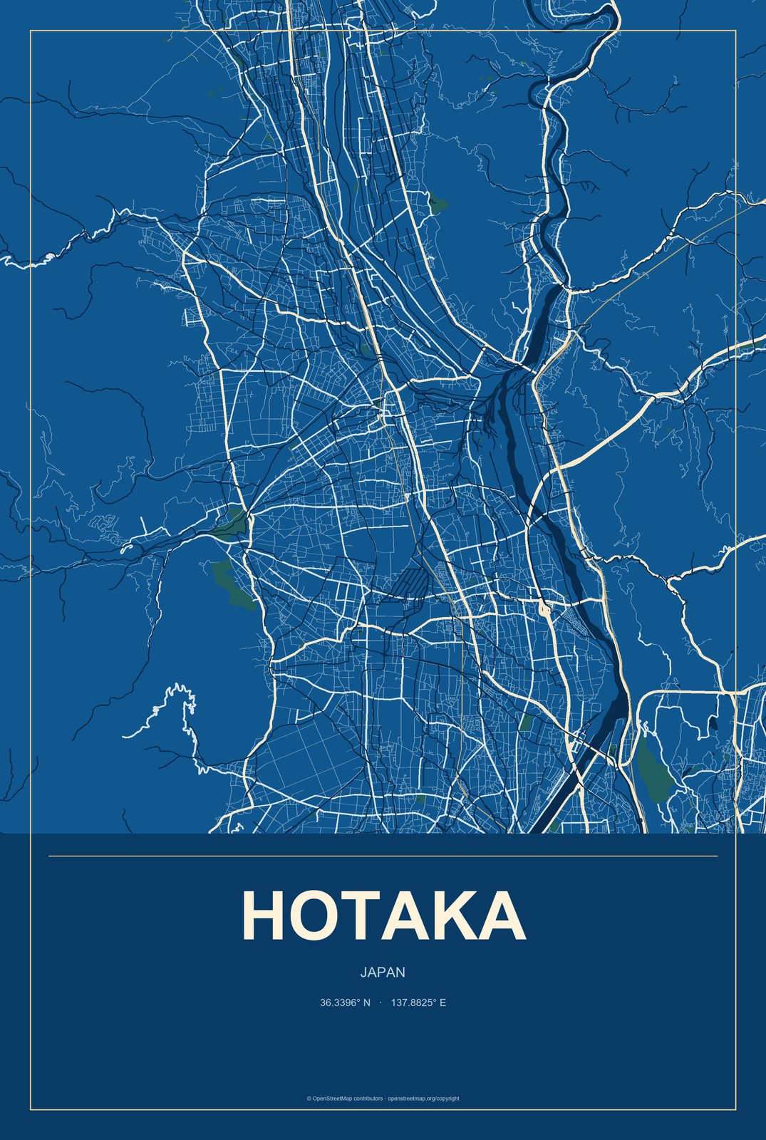 Hotaka, Japan City Map Aluminum Sign in Harbor Cobalt style