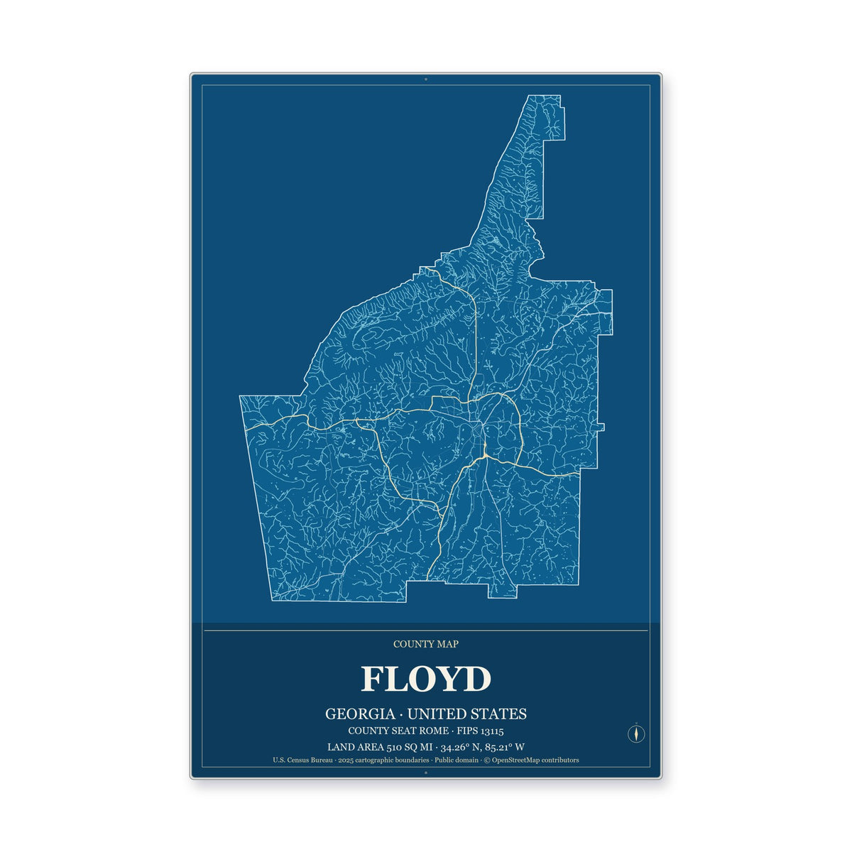 Floyd County, Georgia Map Aluminum Sign in Harbor Cobalt style