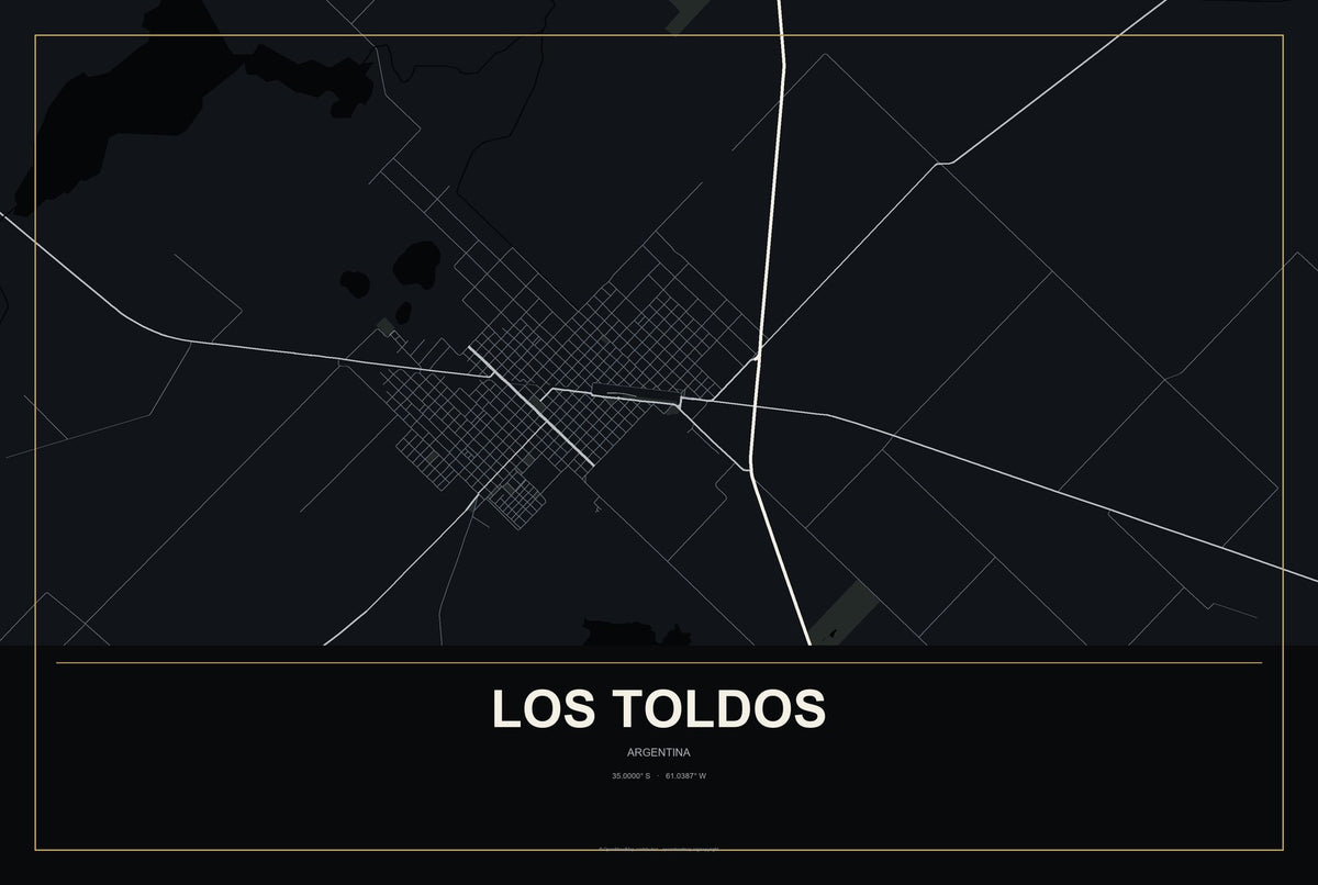 Los Toldos, Argentina City Map Aluminum Sign in Metropolitan Noir style