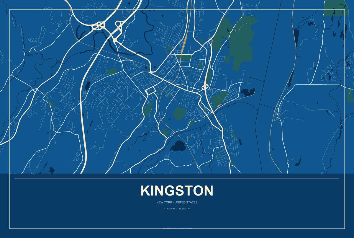 Kingston, New York City Map Aluminum Sign in Harbor Cobalt style