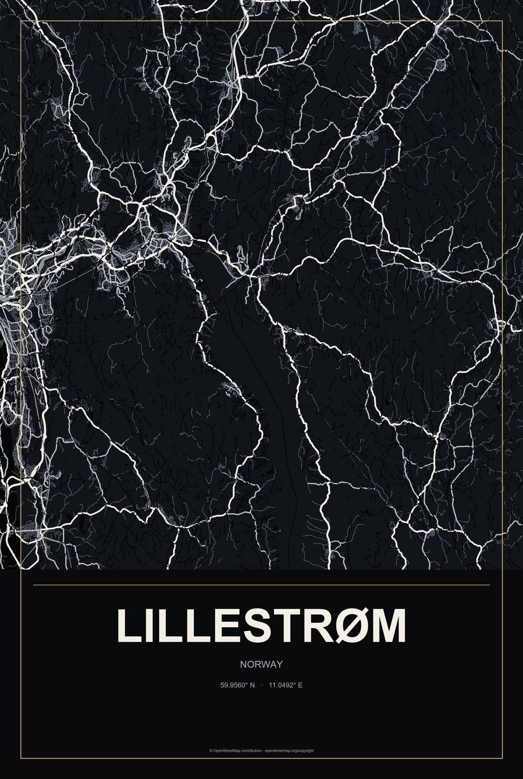Lillestrøm, Norway City Map Aluminum Sign in Metropolitan Noir style