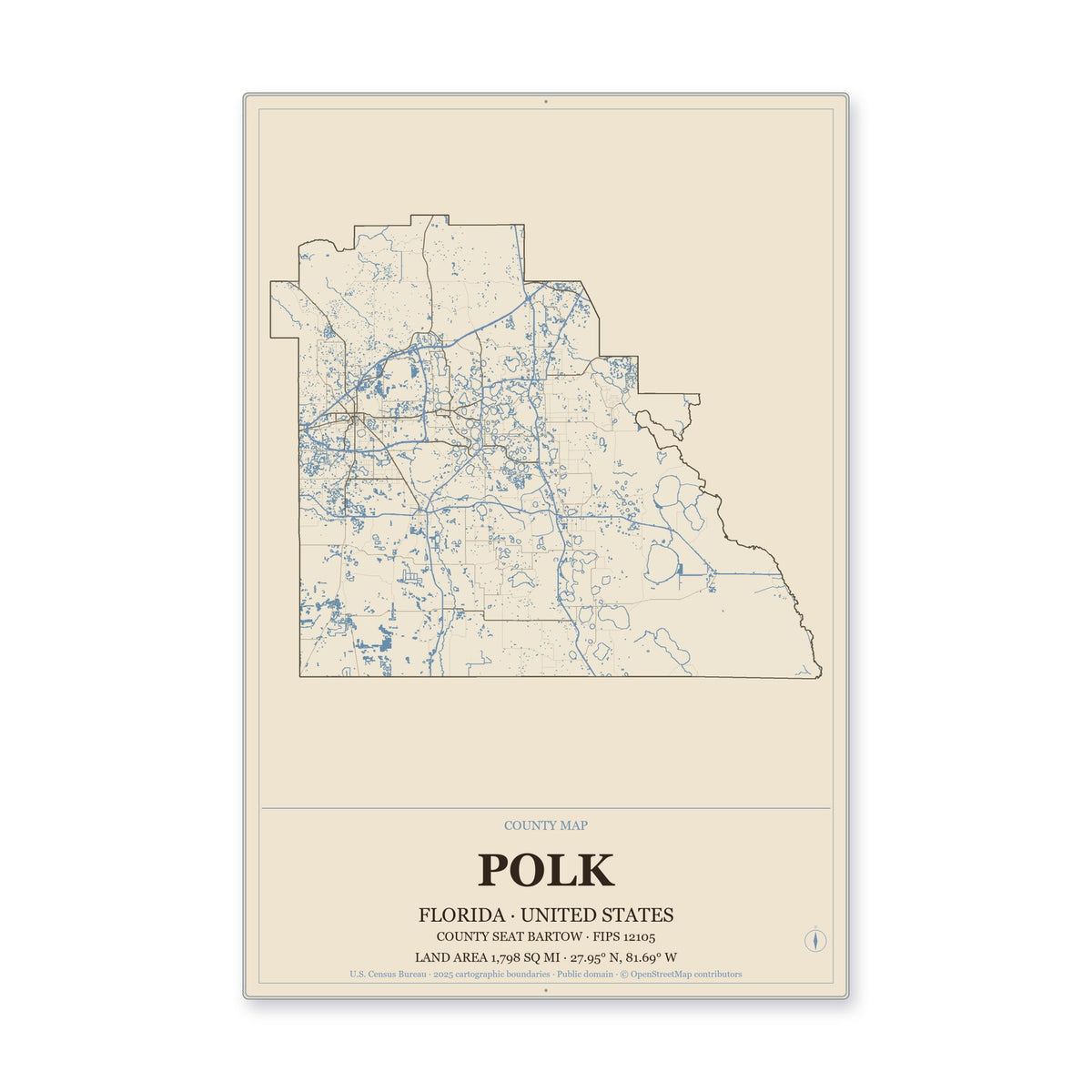 Polk County, Florida Map Aluminum Sign in Heritage Nautical style
