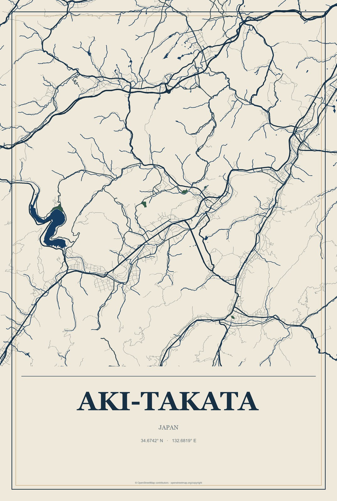 Aki-takata, Japan City Map Aluminum Sign in Coastal Cutout style