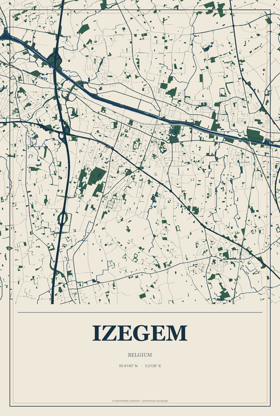 Izegem, Belgium City Map Aluminum Sign in Coastal Cutout style