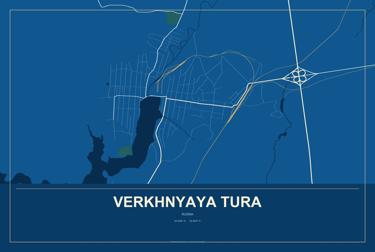 Verkhnyaya Tura, Russia City Map Aluminum Sign in Harbor Cobalt style