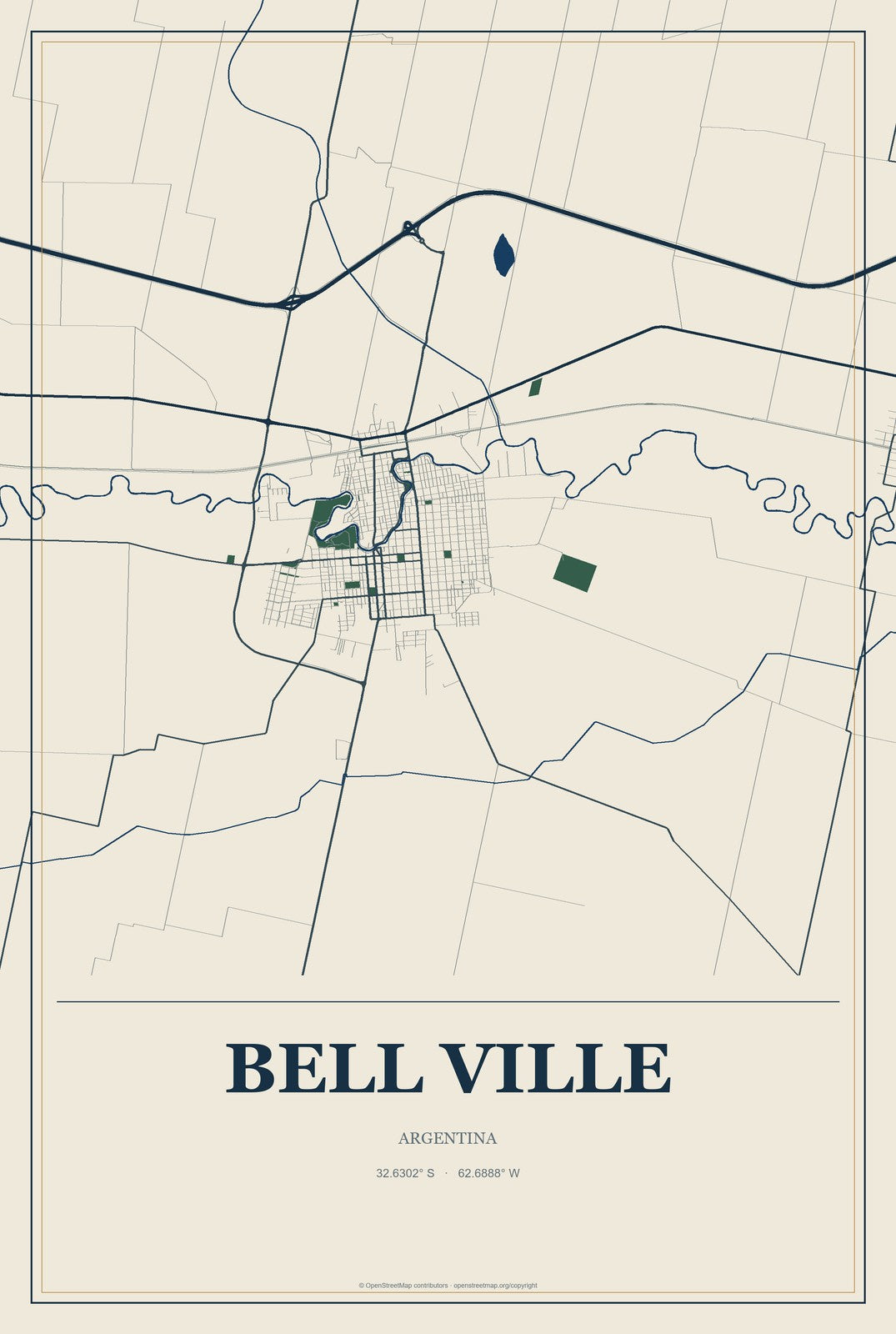 Bell Ville, Argentina City Map Aluminum Sign in Coastal Cutout style