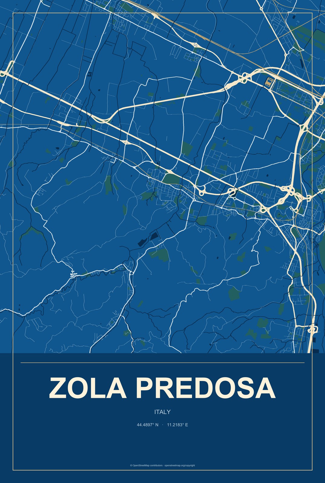 Zola Predosa, Italy City Map Aluminum Sign in Harbor Cobalt style