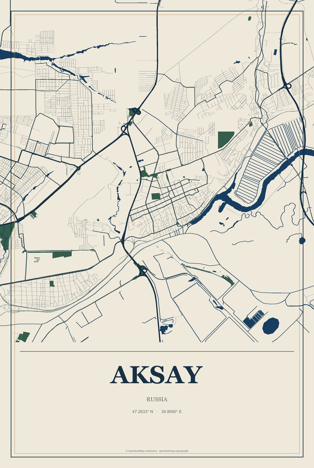 Aksay, Russia City Map Aluminum Sign in Coastal Cutout style