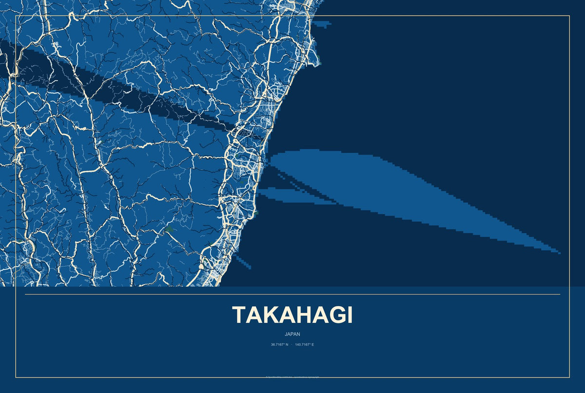 Takahagi, Japan City Map Aluminum Sign in Harbor Cobalt style