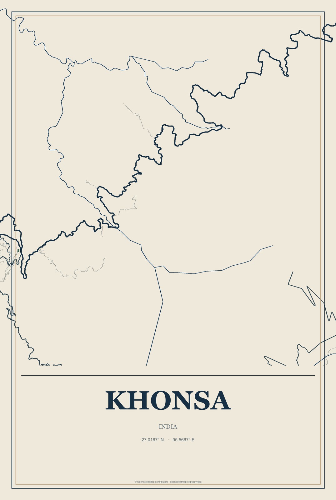 Khonsa, India City Map Aluminum Sign in Coastal Cutout style