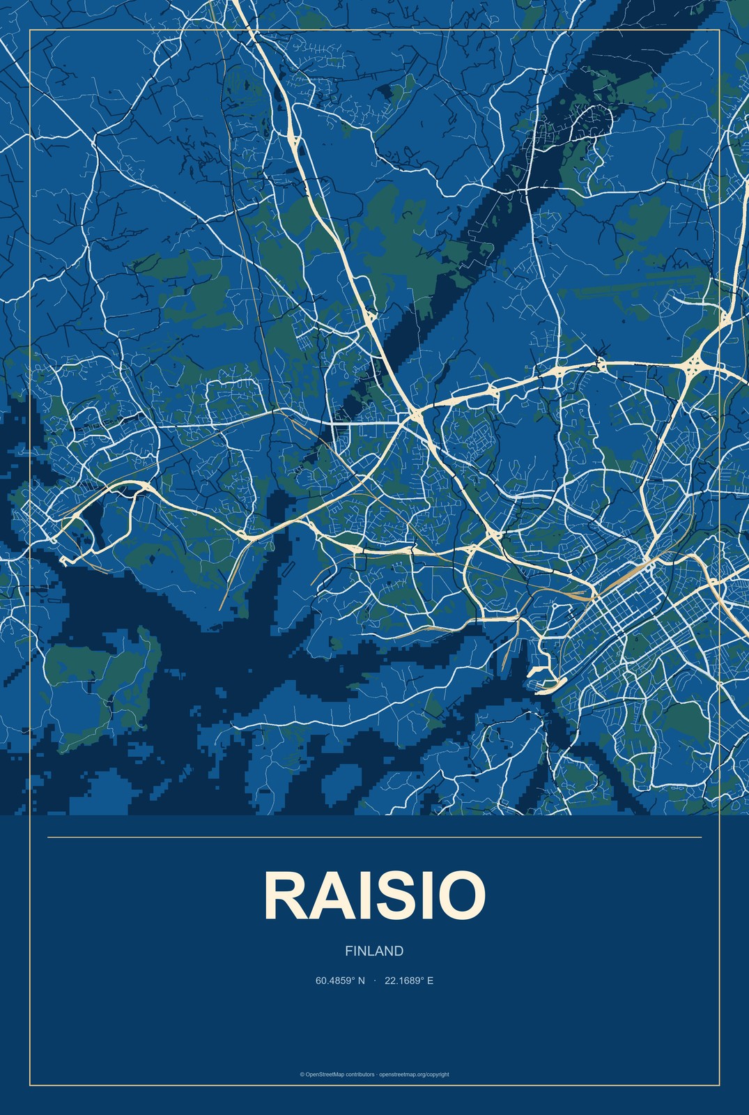 Raisio, Finland City Map Aluminum Sign in Harbor Cobalt style