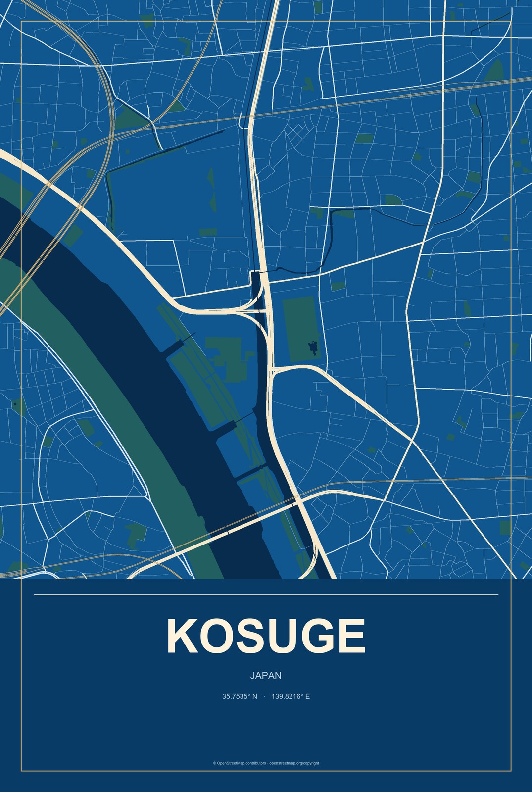 Kosuge, Japan City Map Aluminum Sign in Harbor Cobalt style
