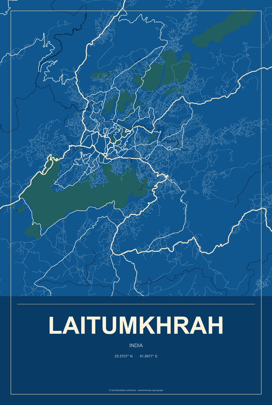 Laitumkhrah, India City Map Aluminum Sign in Harbor Cobalt style