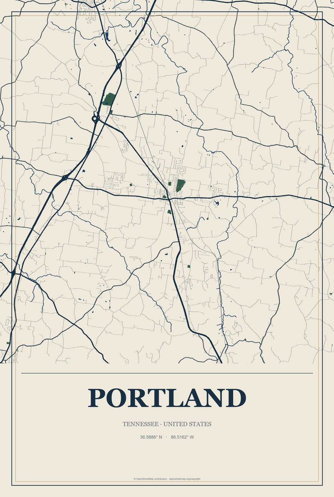 Portland, Tennessee City Map Aluminum Sign in Coastal Cutout style