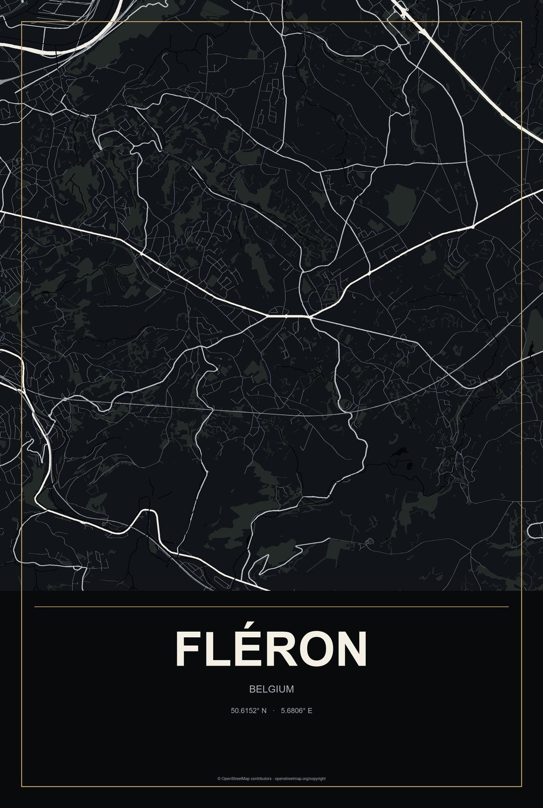 Fléron, Belgium City Map Aluminum Sign in Metropolitan Noir style