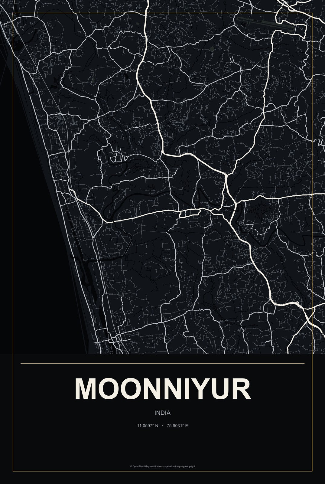 Moonniyur, India City Map Aluminum Sign in Metropolitan Noir style