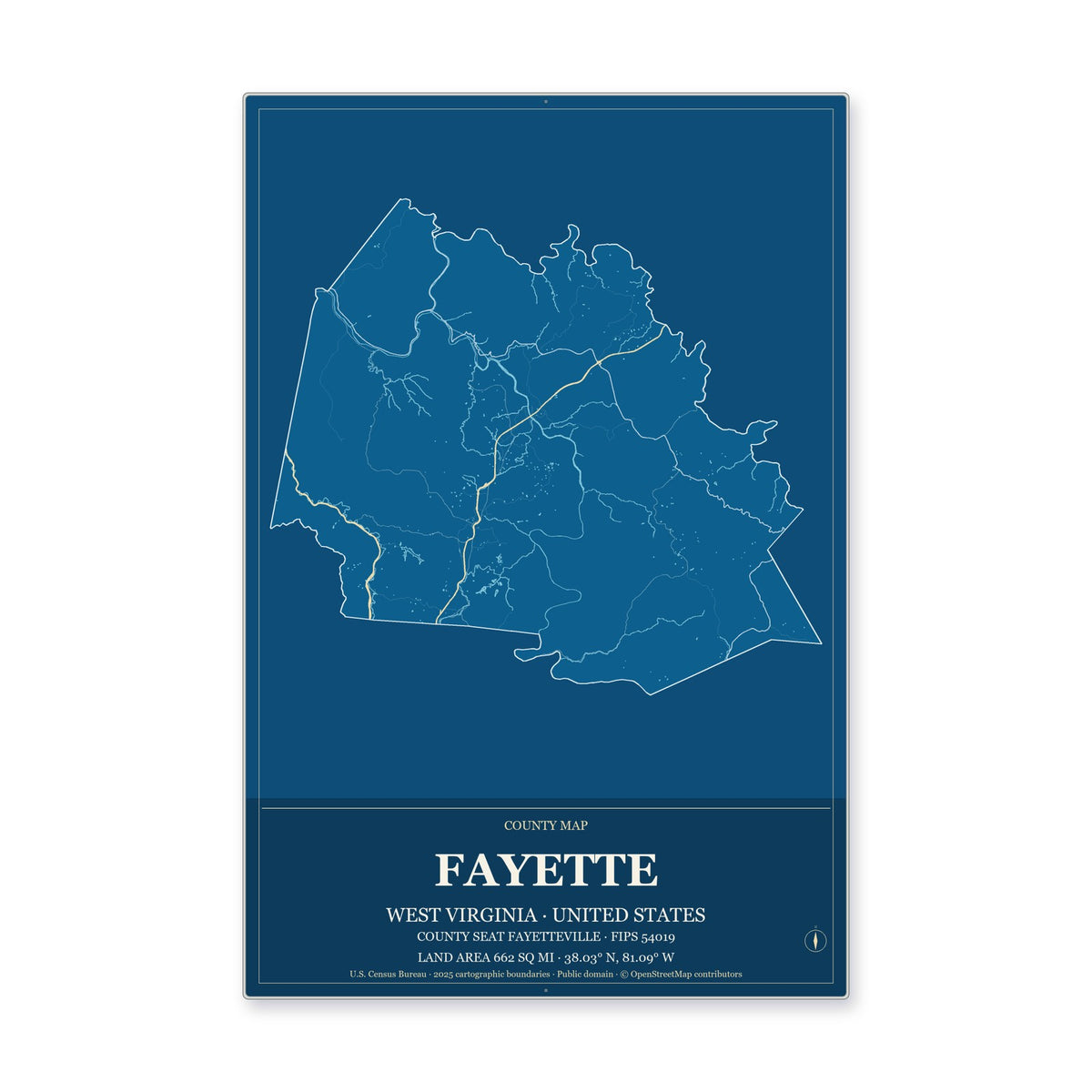 Fayette County, West Virginia Map Aluminum Sign in Harbor Cobalt style