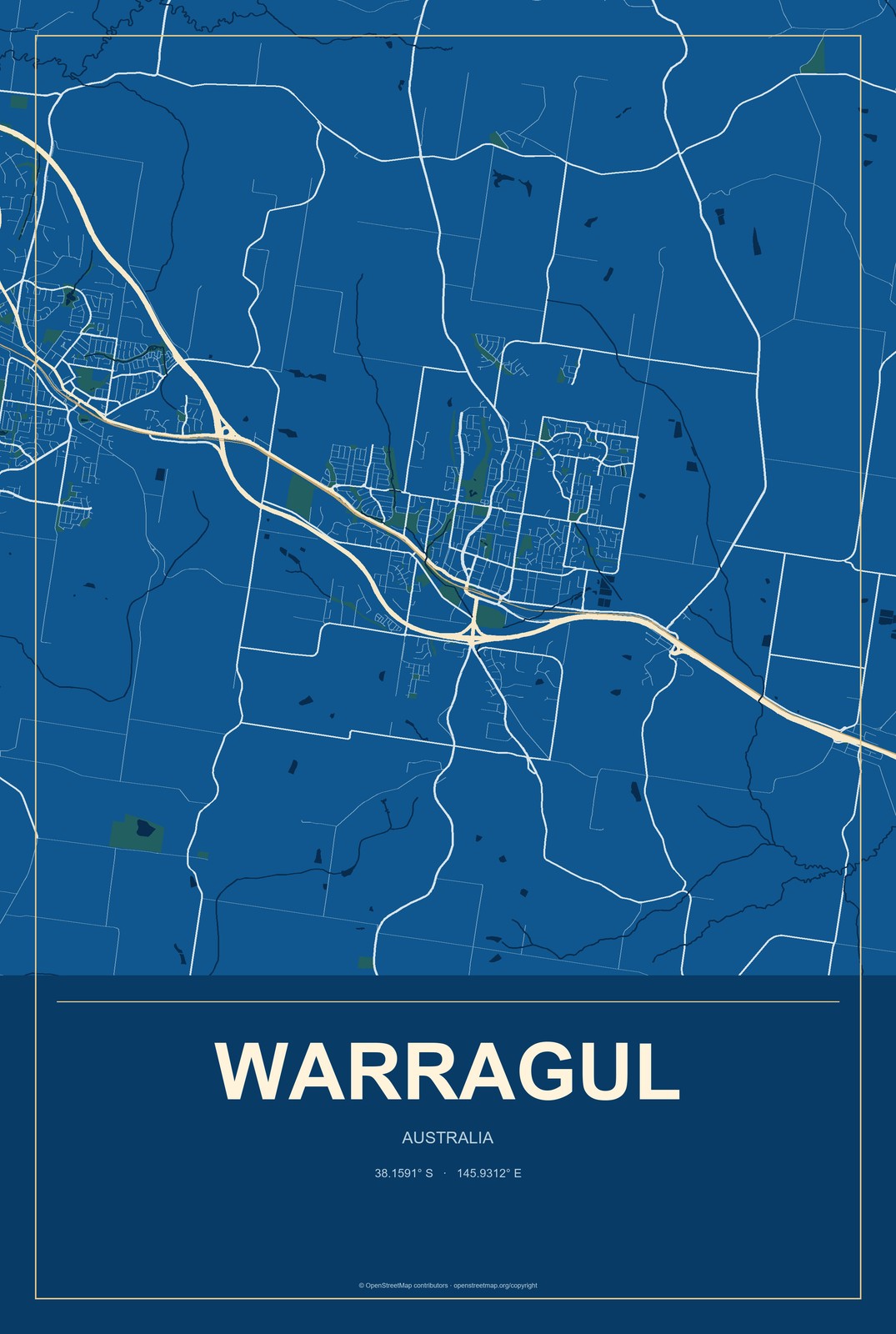 Warragul, Australia City Map Aluminum Sign in Harbor Cobalt style