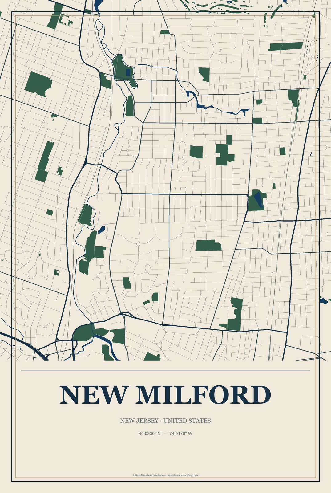 New Milford, New Jersey City Map Aluminum Sign in Coastal Cutout style